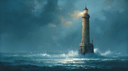 A lighthouse stands in a stormy sea at night.