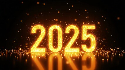 Glittering golden "2025" with sparkles and reflections on a dark background.