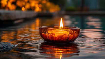 A lit candle in a dark brown glass holder sits on dark wet stones near a blurred background of firelight.