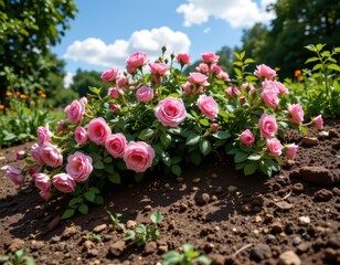 climbing roses over garden hill, roots anchoring soil and reducing water runoff, cinematic photorealistic wide shot capturing protective effect vividly