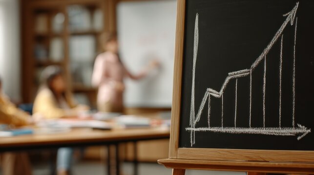 Classroom with a rising graph on a blackboard in focus; a teacher lectures near a whiteboard as students sit at a wooden table in the blurry background
