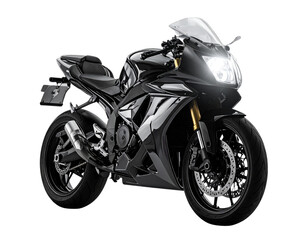 Obraz premium Modern Sport Motorcycle Front View with Headlights On, Dynamic Angle, Isolated