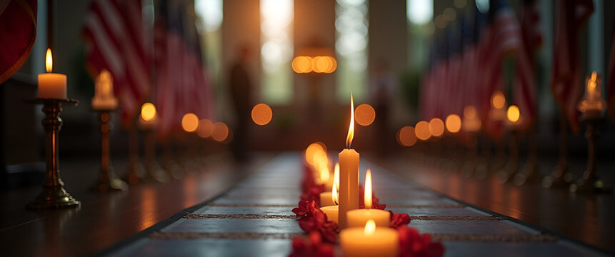 Solemn Memorial Day Ceremony: Dignified Photo Stock Image with Refined Lighting, Formal Arrangements, and Respectful Commemorations of National Pride