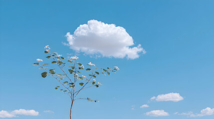 A metal sculpture resembling a plant with leaves under a single cumulus cloud in a blue sky.