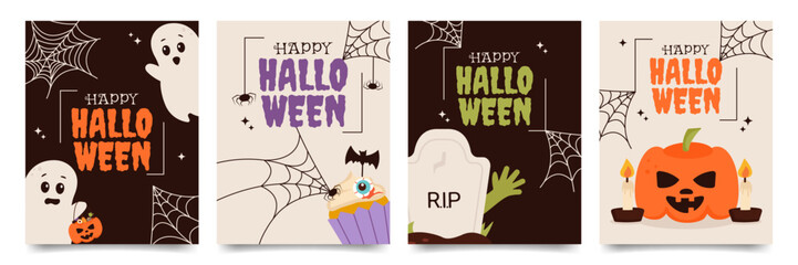 Happy Halloween postcards set with ghosts, pumpkin, zombie hand, cupcake and spider webs. Vector template for advertising, web, greeting cards or social media.