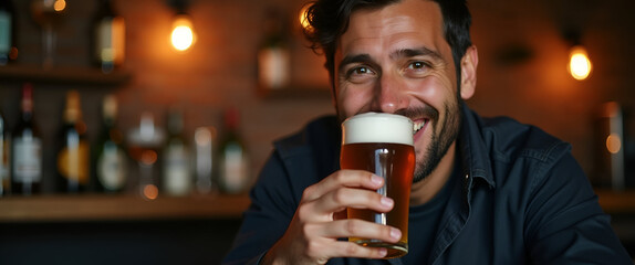 Portrait of a smiling man sipping golden beer from glass at a cozy pub bar highlighting relaxed expression warm lighting and authentic social ambiance in  Photo Stock  Concept  and empty space on the 