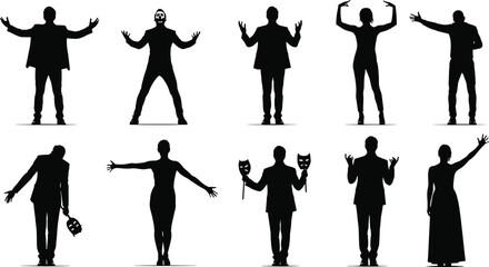 Silhouette people with theatrical masks, expressive gestures, dramatic poses, standing and bowing, emotional body language, diverse figures, communication, art performance.