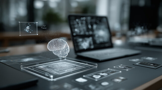 Top View Business Desk with Laptop and Floating Holographic AI Cloud Computing Icons in Futuristic Transparent Design