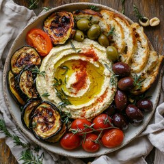 Delicious hummus platter with grilled vegetables olives and toasted bread for a healthy appetizer