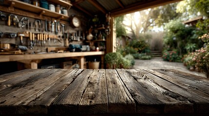 Obraz premium Rustic wooden workbench surface in the foreground, with a beautifully lit and organized home workshop blurred in the background with garden views.