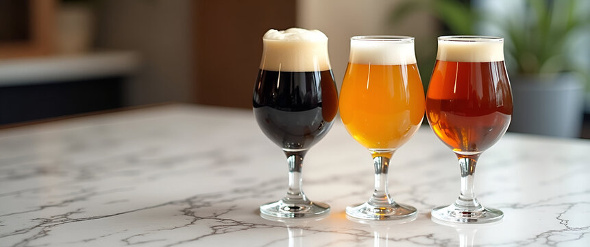 Elegant Beer Presentation: Diverse Styles in Tulip Glasses on Marble Countertop with Tasting Notes - Premium Photo Stock Concept with Minimalist Design