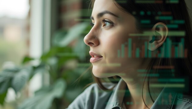 Young Woman Looking Out Window with Digital Overlay of Graphs and Statistics