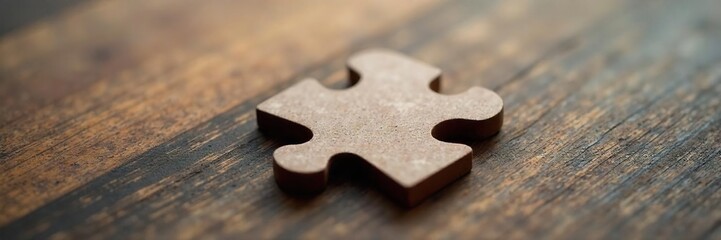 Close-up shot of a single jigsaw puzzle piece, intricate detail visible, smooth texture, wooden surface  Perfect for concepts of completion, connection, and problem-solving ,  achievement,  wood