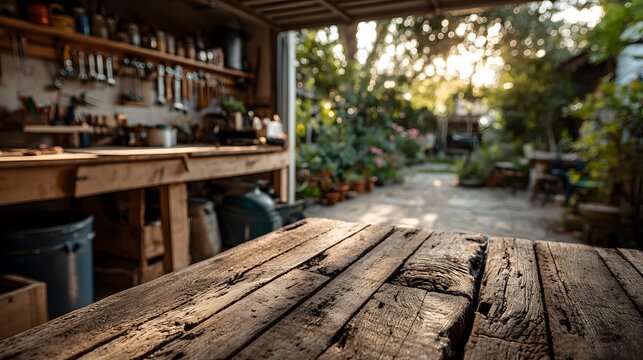 Rustic wooden workbench surface in the foreground, with a beautifully lit and organized home workshop blurred in the background with garden views.