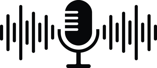 Microphone Icon with Sound Waves, Podcast Symbol, Audio Recording Vector, Broadcast Equipment Illustration, Music Studio Design for Digital Media Use