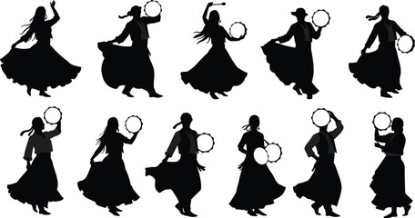 Silhouette of women dancing with tambourines in traditional dress, folk dance celebration, cultural heritage, ethnic performance, festive vector illustration.Silhouette of women dancing