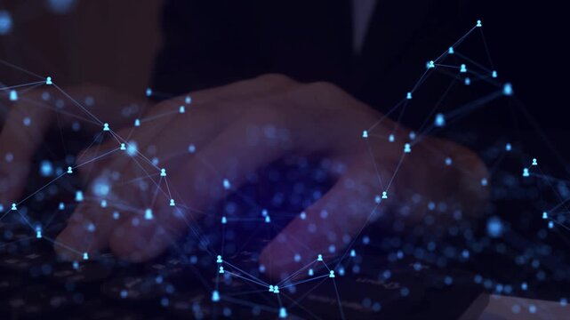 Digital blockchain technology connecting supply chain and smart contracts in business workflow.