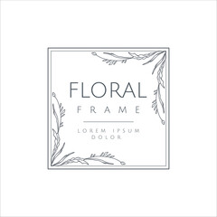 Abstract vector botanical frame. Logo template with hand drawn elegant flowers in line art style
