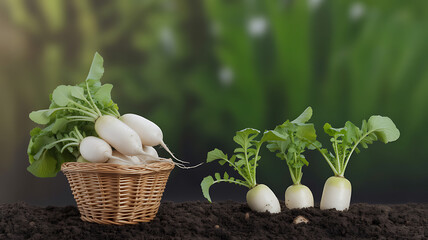 A basket of freshly harvested daikon radishes sits on dark soil with two more radishes standing upright.