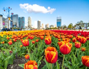 Vibrant tulips in a city park