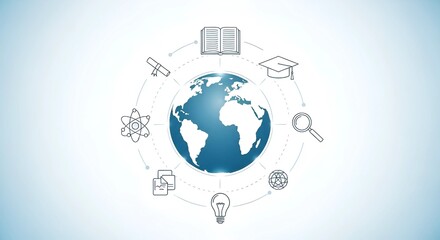 Global Education and Knowledge Concept Illustrating Worldwide Learning Opportunities and Scientific Discovery with Digital Icons Representing Intellectual Pursuits and Research