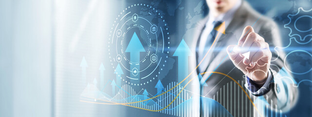 Growth arrow up and progress success business skill increase improvement graph on market profit...