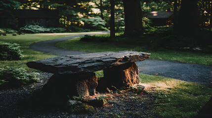 A rustic wooden bench sits in a dimly lit garden at dusk.