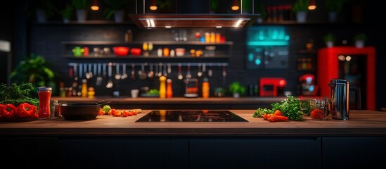 Fototapeta premium Modern Kitchen Interior with Fresh Vegetables and Cooking Equipment