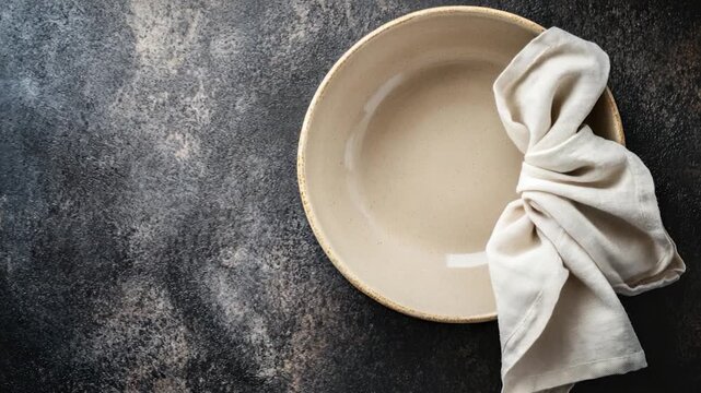 A clean white plate with a folded napkin on top, perfect for food photography or everyday use