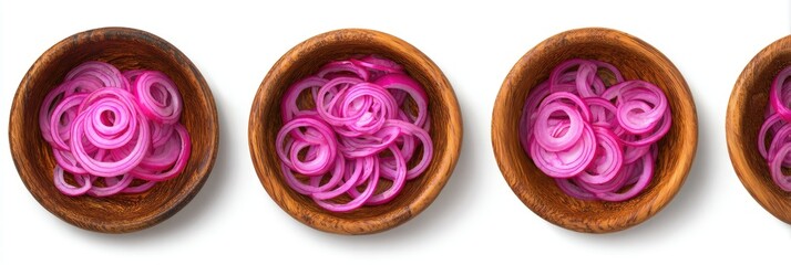 Thinly sliced, vibrant pink onion rings in small, wooden bowls