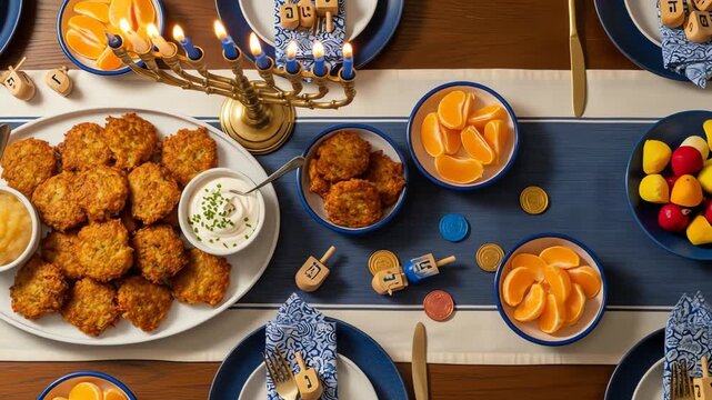 Hanukkah table with latkes applesauce oranges and dreidels