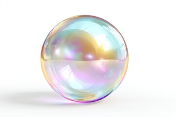 A vibrant, iridescent soap bubble, perfectly spherical and reflective, rests on a plain white background