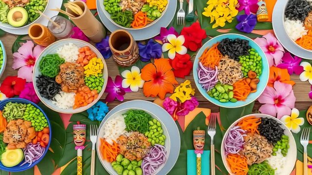 Hawaiian poke bowls with tropical flowers and tiki decor