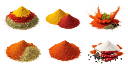 Assorted colorful spice piles isolated on transparent background