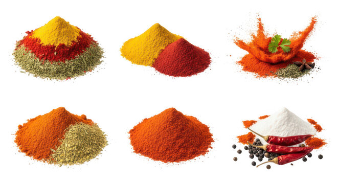 Assorted colorful spice piles isolated on transparent background