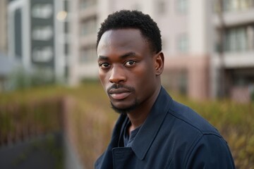 Intense Portrait of Young Black Man Against Urban Backdrop