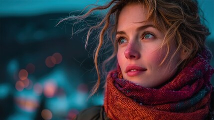 Young Woman with Beautiful Blue Eyes in Colorful Scarf in Cozy Winter Setting with Snowy Background and Warm Sunset Glow