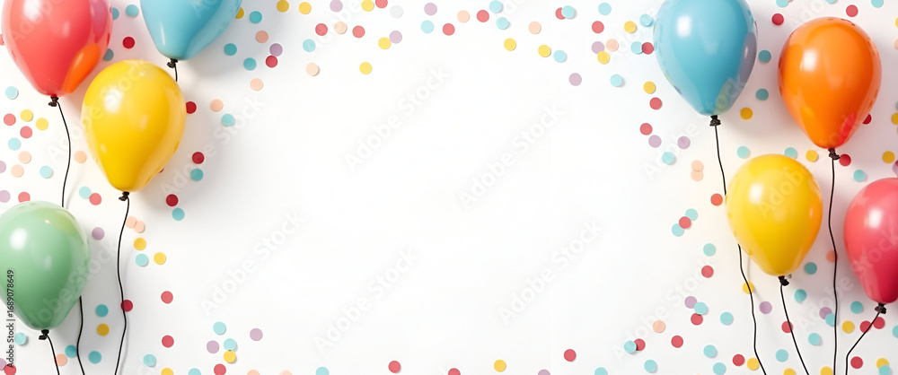 Poster international day of happiness: playful balloons and colorful confetti frame with empty space for jo