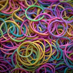 Vibrant assortment of colorful rubber bands in a chaotic pile