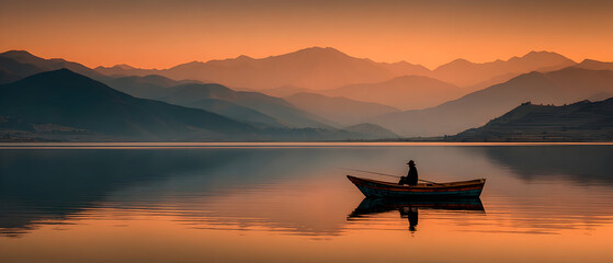 A small boat on a calm lake at sunset, with mountains in the background.