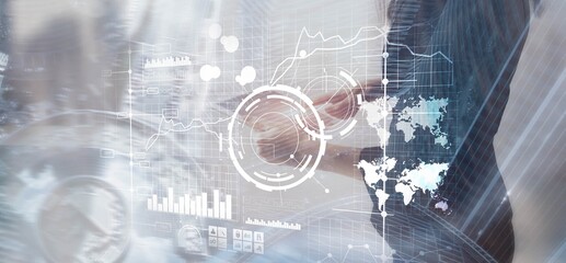 Business intelligence control interface marketing finance management. Silhouettes in the background