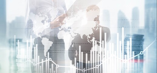 Stock market growth charts with blurred background. Mixed Media