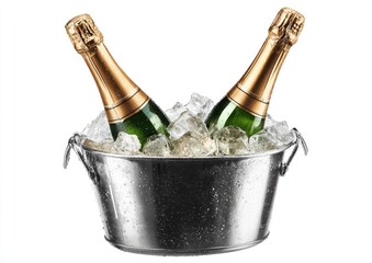 Two champagne bottles in a silver ice bucket
