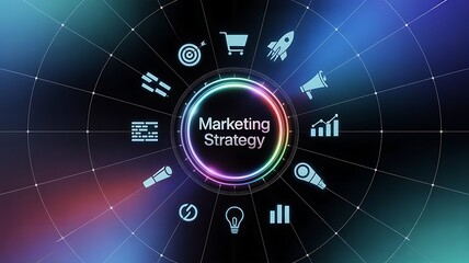 Technology Concept of Marketing Strategy Dashboard with Virtual HUD and Data Visualization