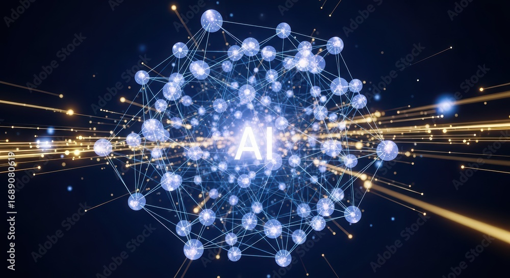 Poster artificial intelligence text within a connected neural network, representing machine deep learning a