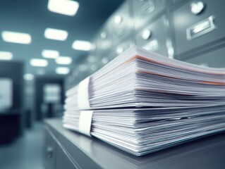 Stacks of paper tied with white bands sit on a metal cabinet, foreground sharply focused with a blurred background of similar cabinets