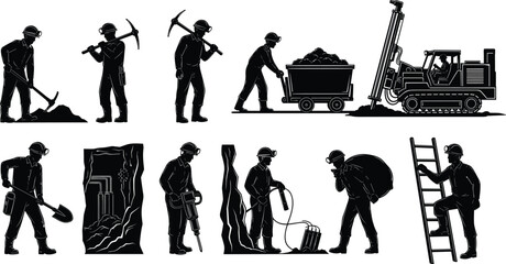 Obraz premium Mining workers with tools and machinery, underground coal mining, manual labor, industrial equipment, safety helmets, drilling, excavation, heavy industry, mining teamwork.