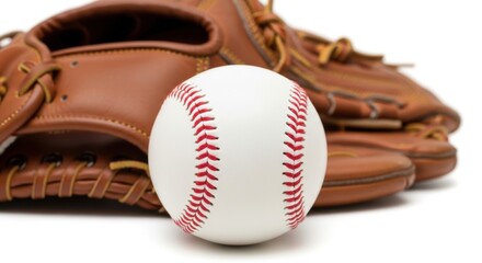 Leather baseball glove and white ball ready for game
