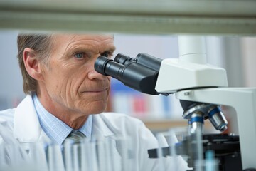 Mature Scientist Looking Through Microscope in Laboratory