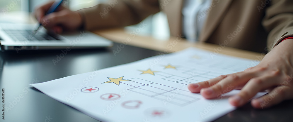 Poster customer completing 5-star satisfaction survey for service quality evaluation, influencing business 
